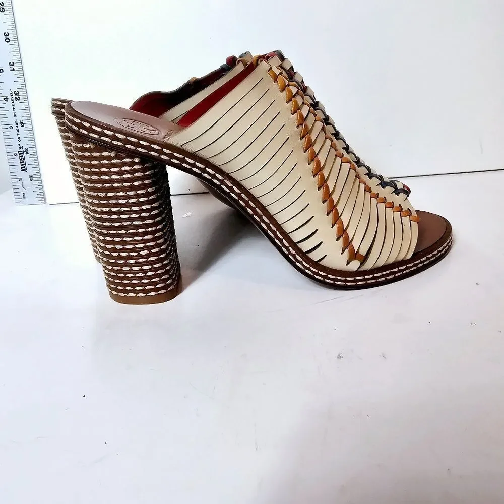 Tory Burch Pecha Woven Leather Stitched Block Heel Mules 8 LIKE NEW!